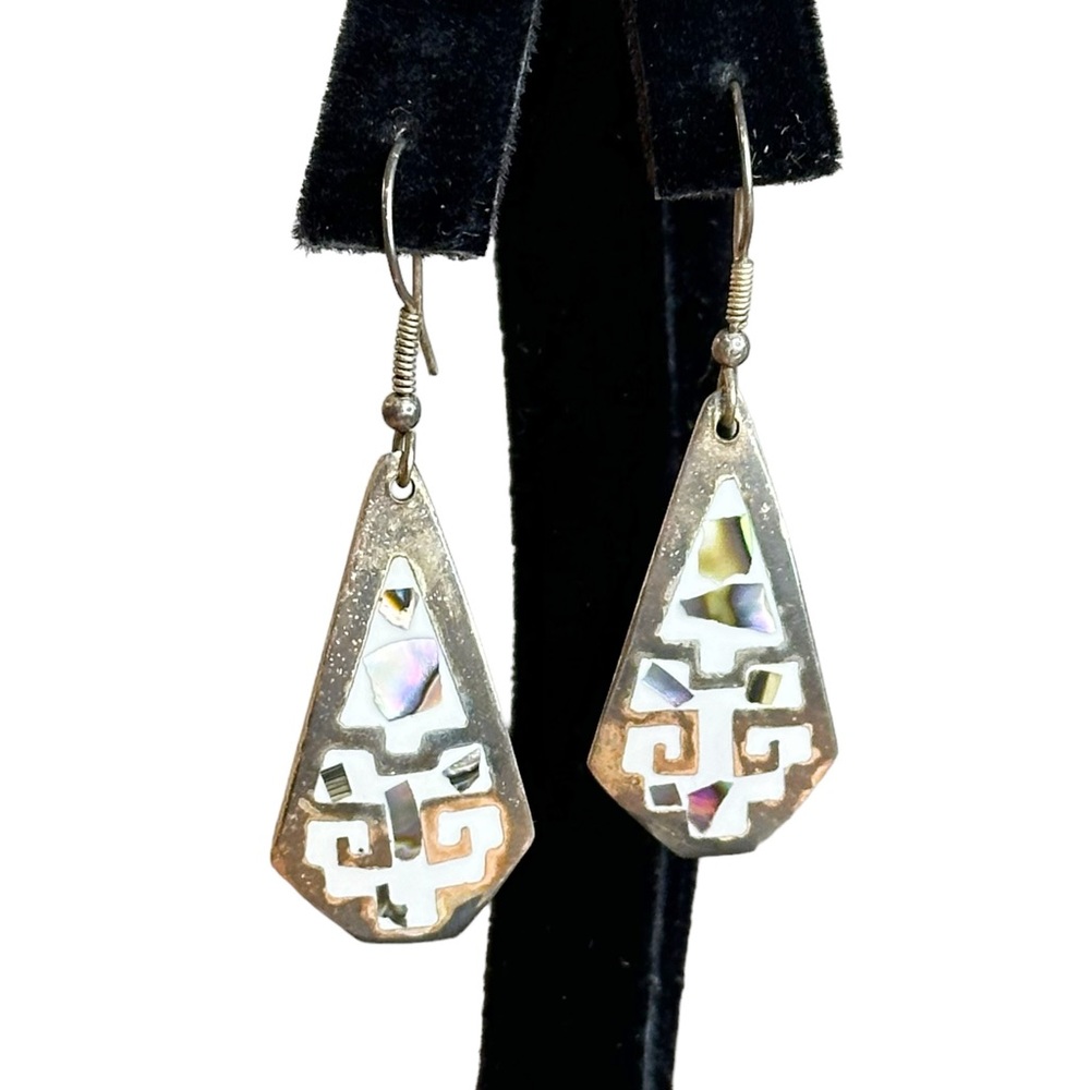 Alpaca Mexico Vintage Abalone White Inlay Pierced Dangle Earrings